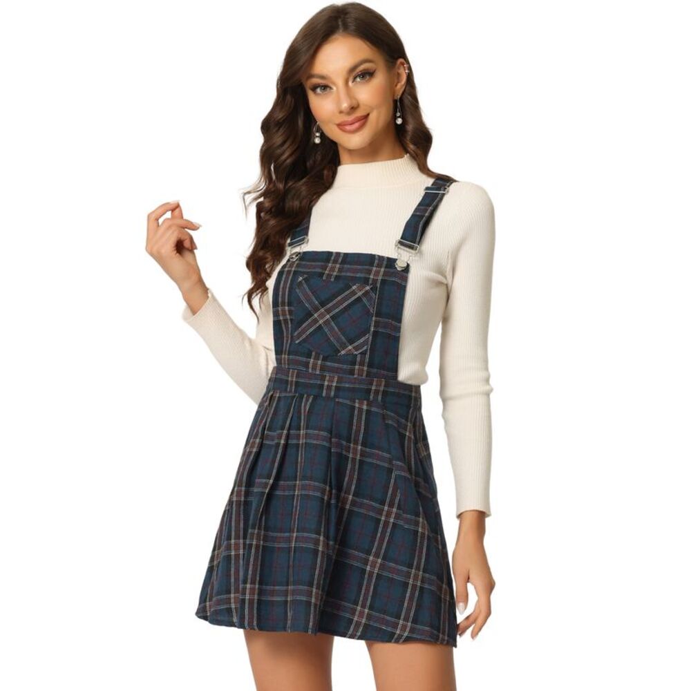 Checks Adjustable Strap Pinafore Overall Dress Suspender Skirt Dark Blue